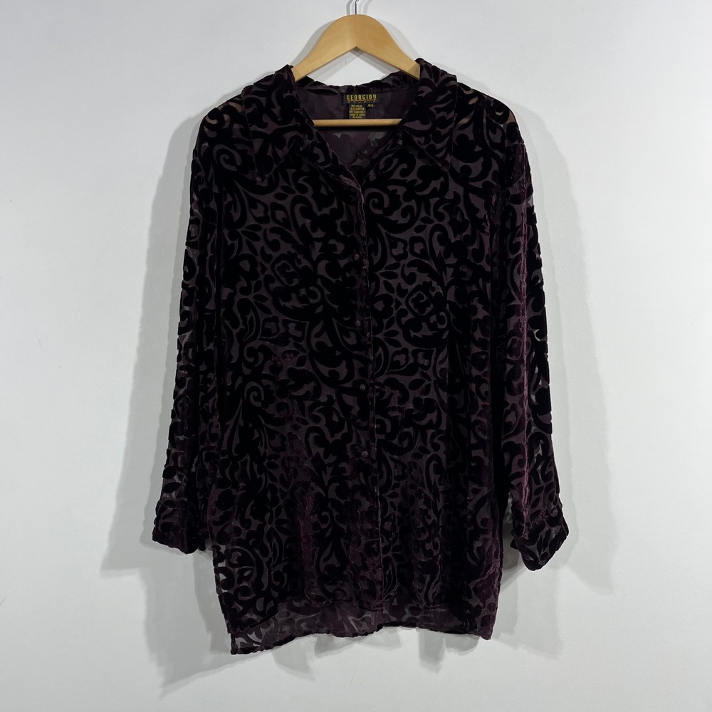 Georgiou VTG Silk Burnout Velvet Damask Button Down Shirt Women Small Whimsigoth